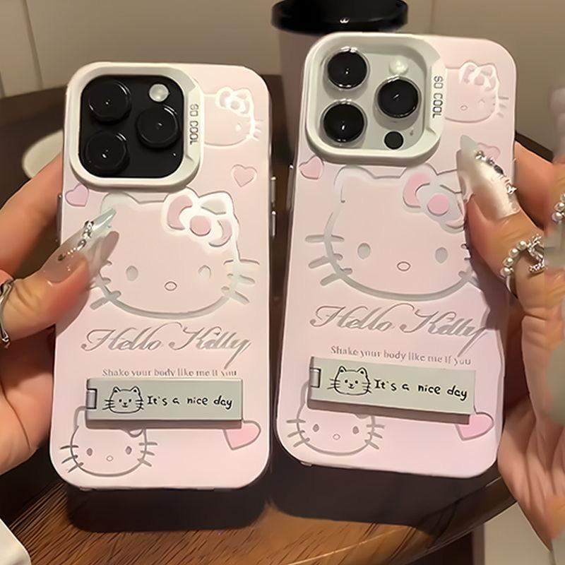 Luxury Pink Hello Kitty With Bracket Phone Case For iPhone 16 15 14 13 12 11 ProMax XR XS 7 8 Plus Soft Anti Drop Silicone Cover