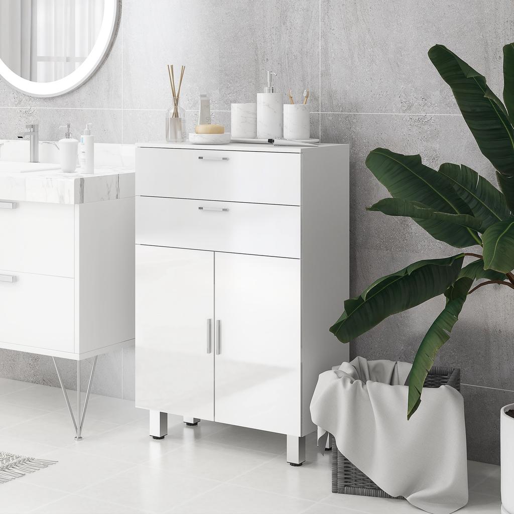 Bathroom cabinet with 2 drawers double-door cupboard and adjustable shelves 60 x 30 x 93 cm glossy white