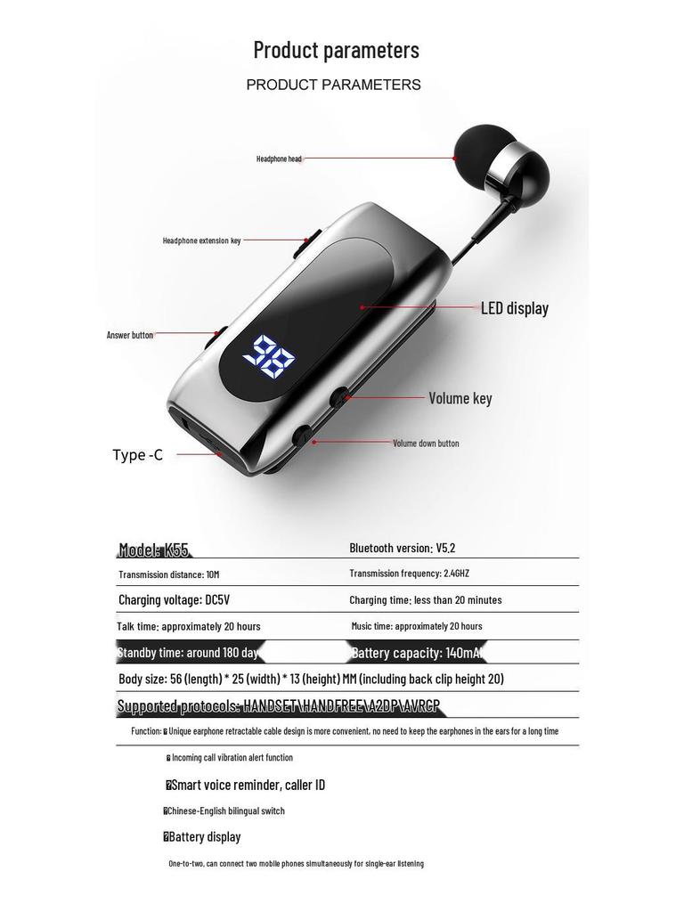 Беспроводная Bluetooth гарнитура с клипсой: Долговечная батарея, Одно ухо, Звонки высокой четкости, Шумоподавление ENC для автомобиля, спорта и бизнеса