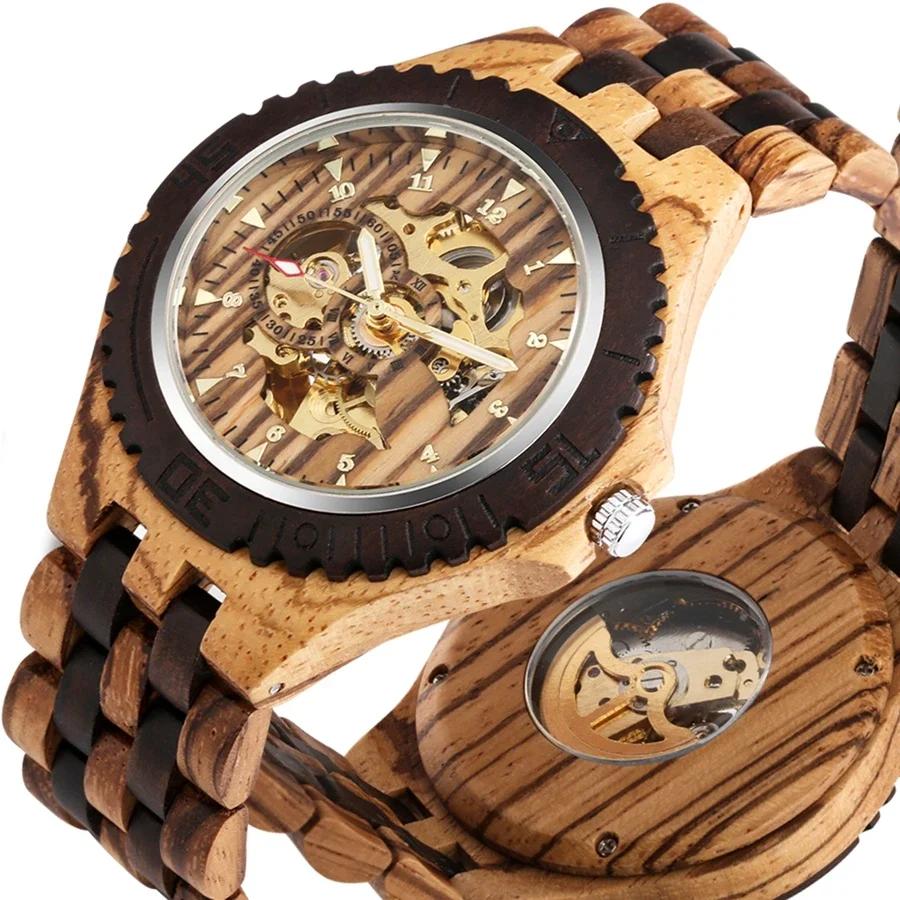 Vintage Mechanical Watches Men Watch Skeleton with Adjustable Bangle Clock Fashion Business Wristwatch Gifts Reloj De Madera