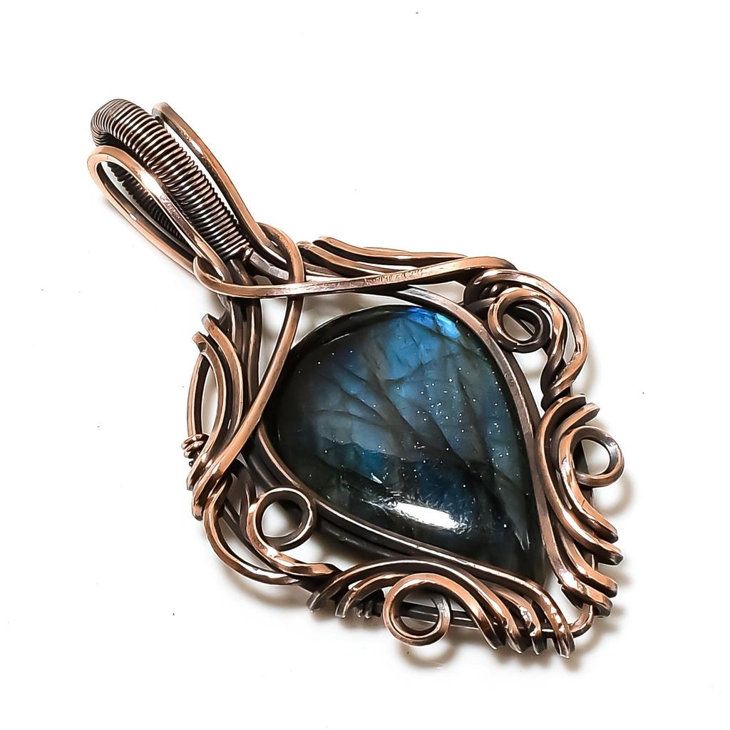 Labradorite Pendant, Handmade Gemstone 999 Copper Wire Wrapped Pendant Antique Jewelry, For Gift Silver Jewelry