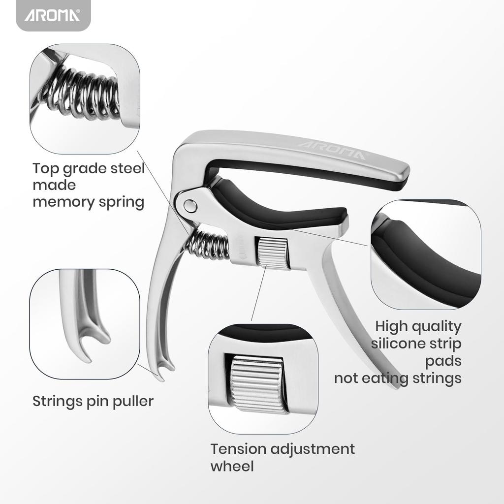 Aroma Professional Guitar Capo with Quick Trigger Adjustable and Bridge Pin Puller for Acoustic and Electric Guitars Change, Operation, Tension,