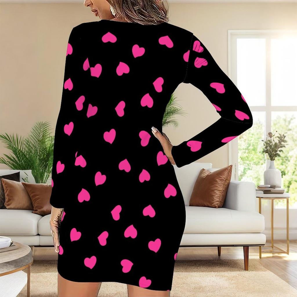 2025 Осень и Зима Новое 3D Принт с Любовным Узором и Окрашивание Женская Мода Платье с Длинным Рукавом и Круглым Вырезом, Облегающее Бедра Ограниченная Серия ко Дню Святого Валентина