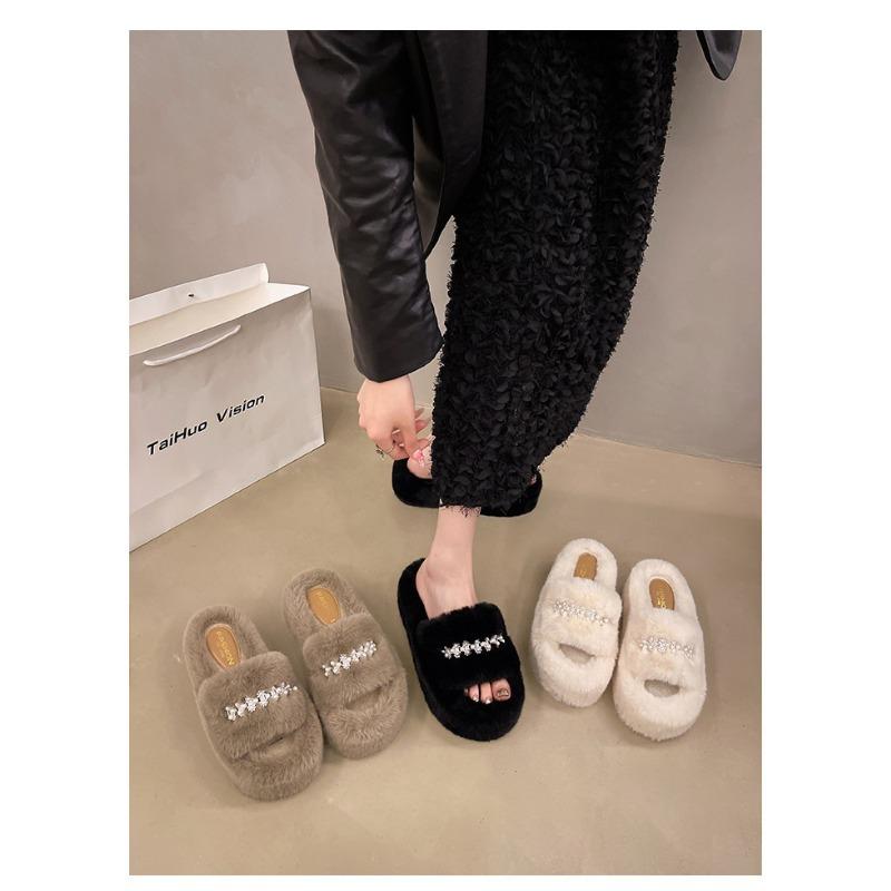 Осень и Зима Новые Жемчужные Сказочные Меховые Тапочки Милые Домашние Толстая Подошва Старшие Меховые Тапочки