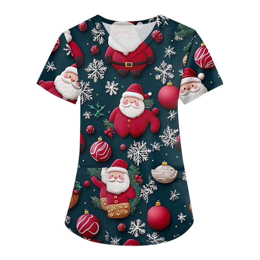 Women's Fashion V-neck Short Sleeve Workwear With Pockets Christmas Printed Tops