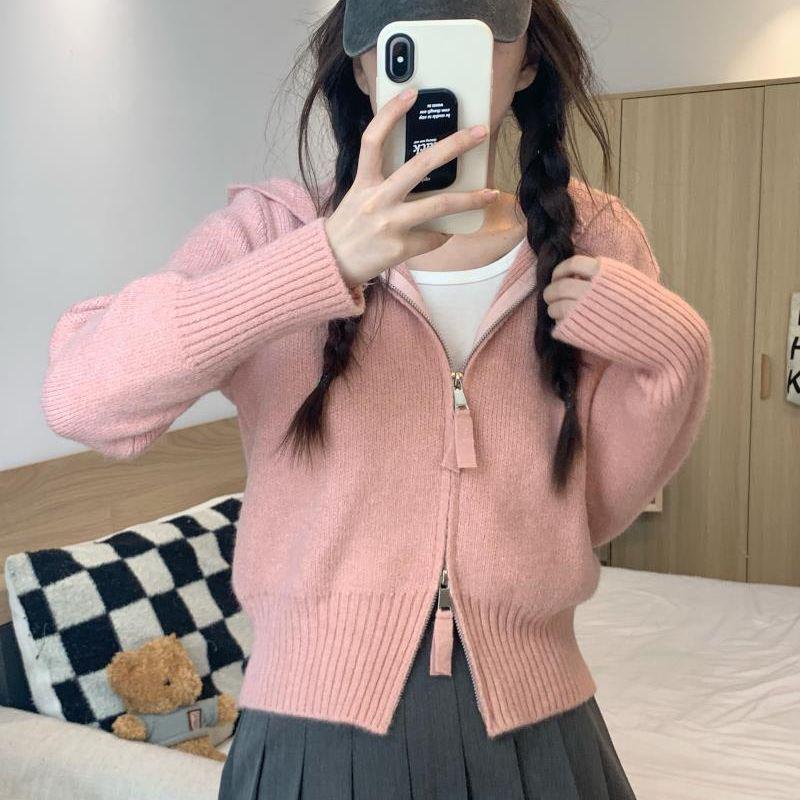 Women's Gray Zip-Up Hooded Knit Cardigan – Pure & Sexy Style, Autumn Short Sweater Top