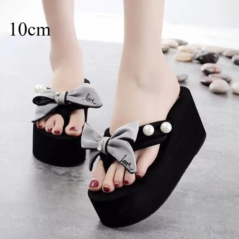 6/8/11cm Super High Heel Flip Flop Handcrafted Pearl Bow Slip on Seaside Slides Holiday Travel Fashion Women's Black Beach Shoes