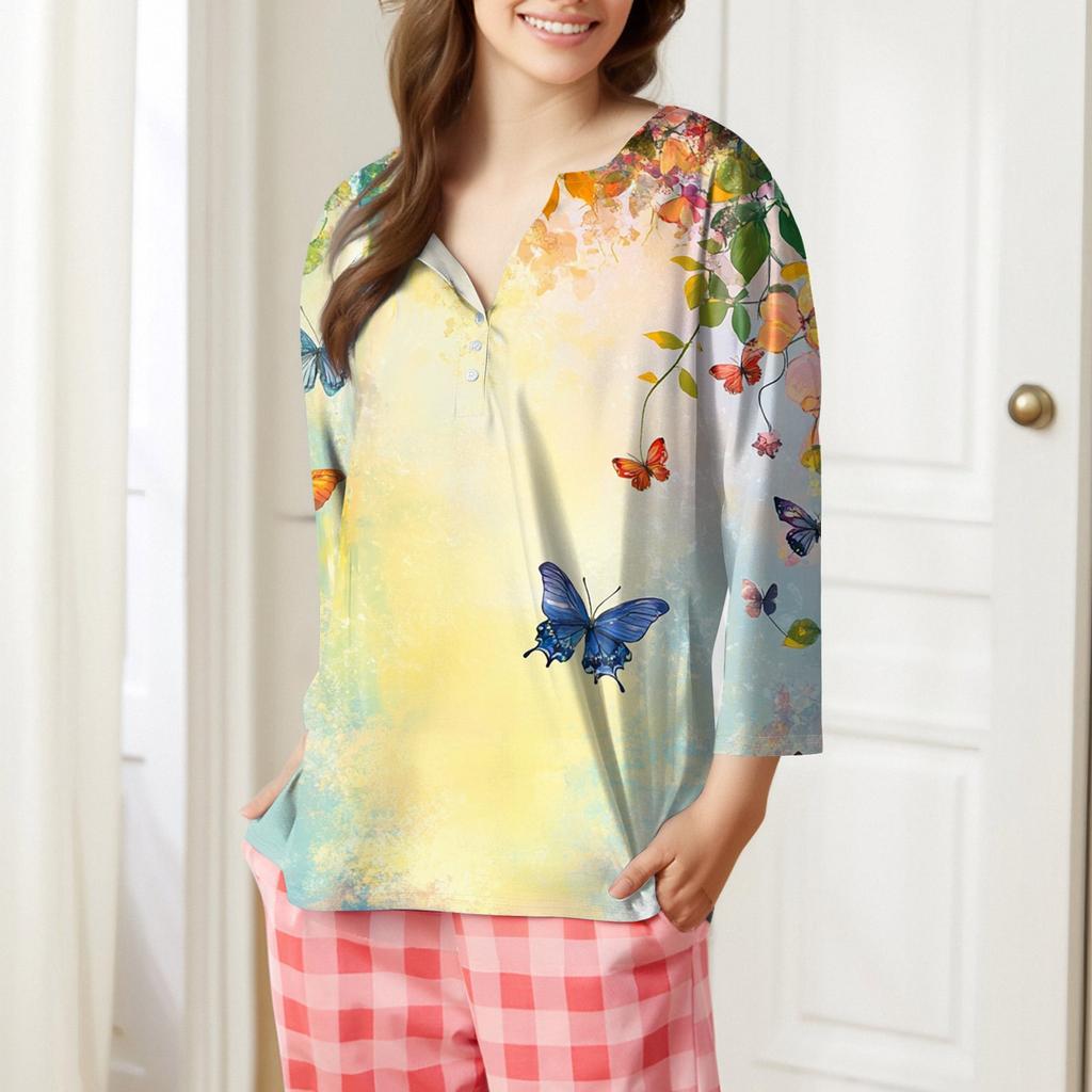 Women's T Shirt Tee Print Button 3/4 Sleeve Daily Weekend Fashion Basic V Neck Regular Top