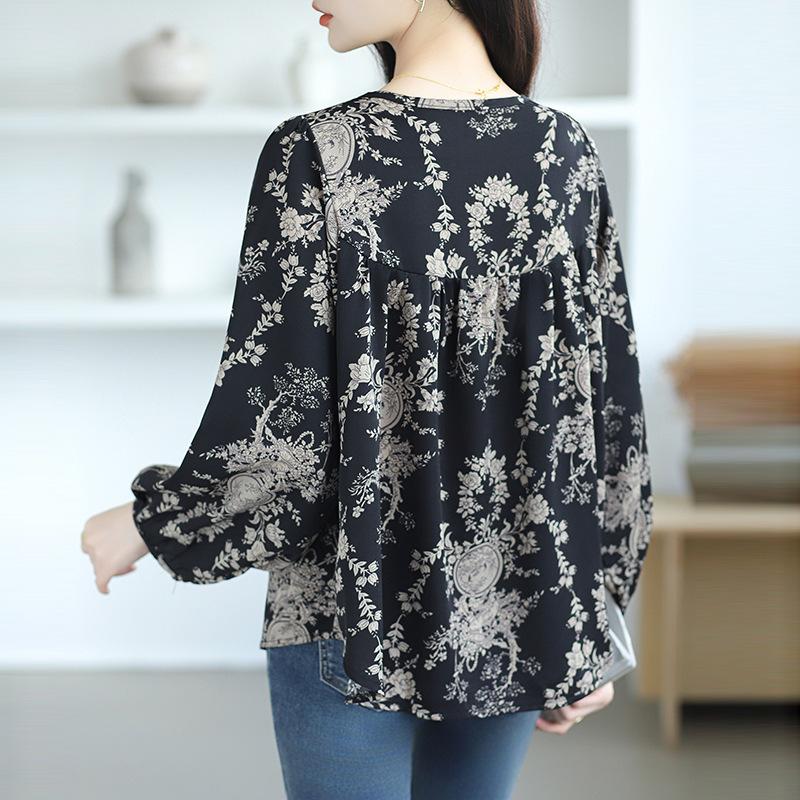 Цветочная шифоновая рубашка для женщин с длинными рукавами, свободный крой, утягивающий живот, прикрывающий антивозрастной топ для женщин, рубашка