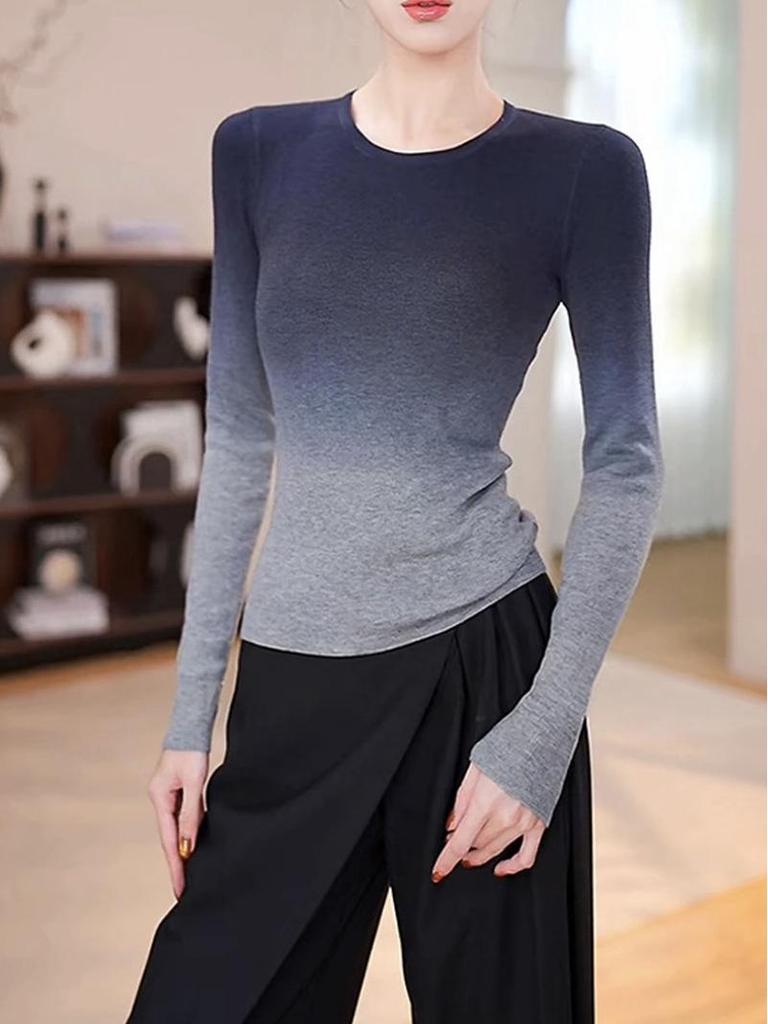 Women's Gradient Wool High Neck Cropped Knit Top - Korean Style Autumn/Winter Slim Fit