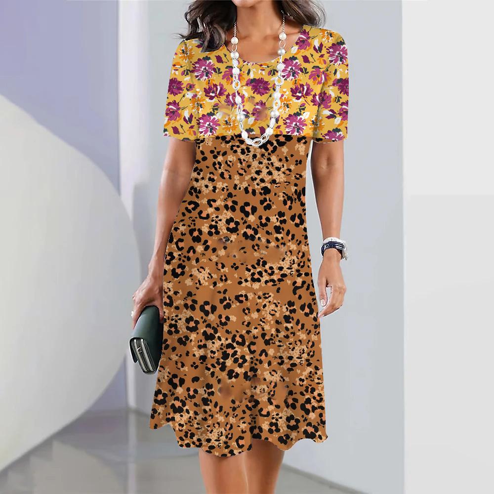 Женское модное платье с цветочным принтом, летнее ретро-платье с круглым вырезом, повседневное платье А-силуэта, свободное женское платье с коротким рукавом