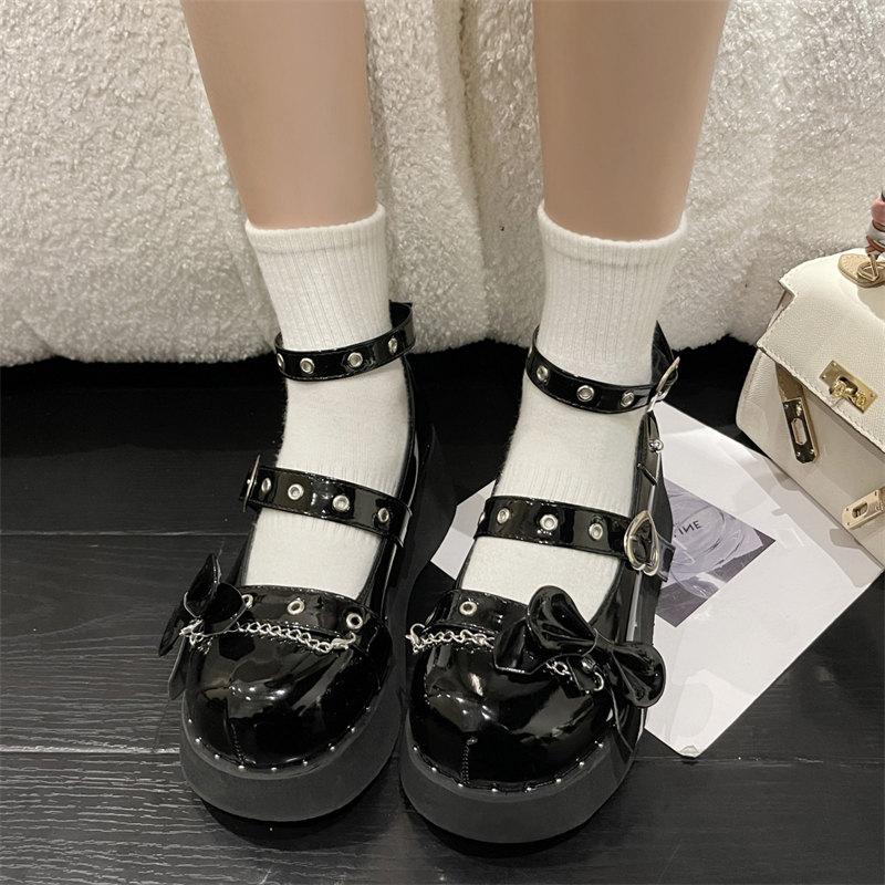 Fashion Gothic Metal Chain Lolita Shoes Platform Mary Janes Shoes for Women Round Head Thick Heel Ankle Straps Punk Pumps Cosplay Shoes