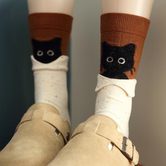 1 Pair Cartoon Cat Socks Autumn Winter Moisture Wicking Knitted Mid-calf Stretch Men Women Kitten Socks Sports Casual Cotton Crew Socks