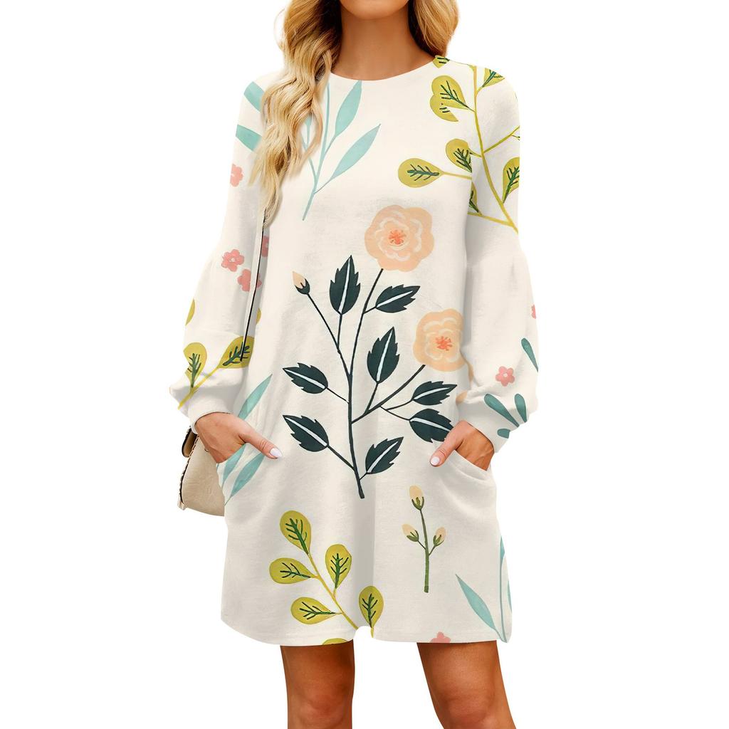 Модное женское осеннее повседневное свободное платье с длинным рукавом и цветочным принтом