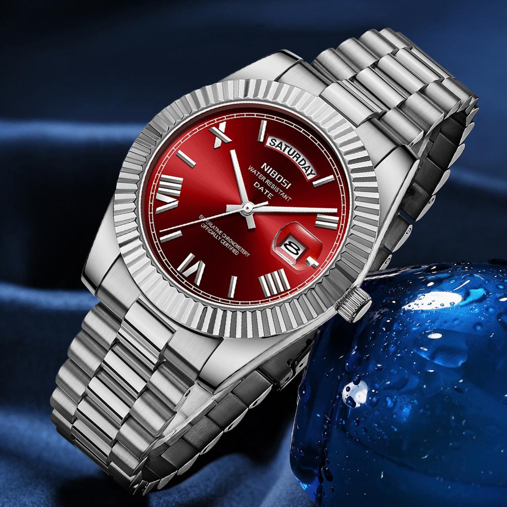 Luxury Golden Red Quartz Watch for Men Stainless Steel Waterproof Luminous Date Week Fashion Men Watches Reloj Hombre