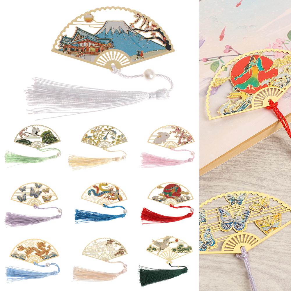 Style Stationery Crane Tassel Flower Pagination Mark Folding Fan Shape Brass Bookmark Book Clip