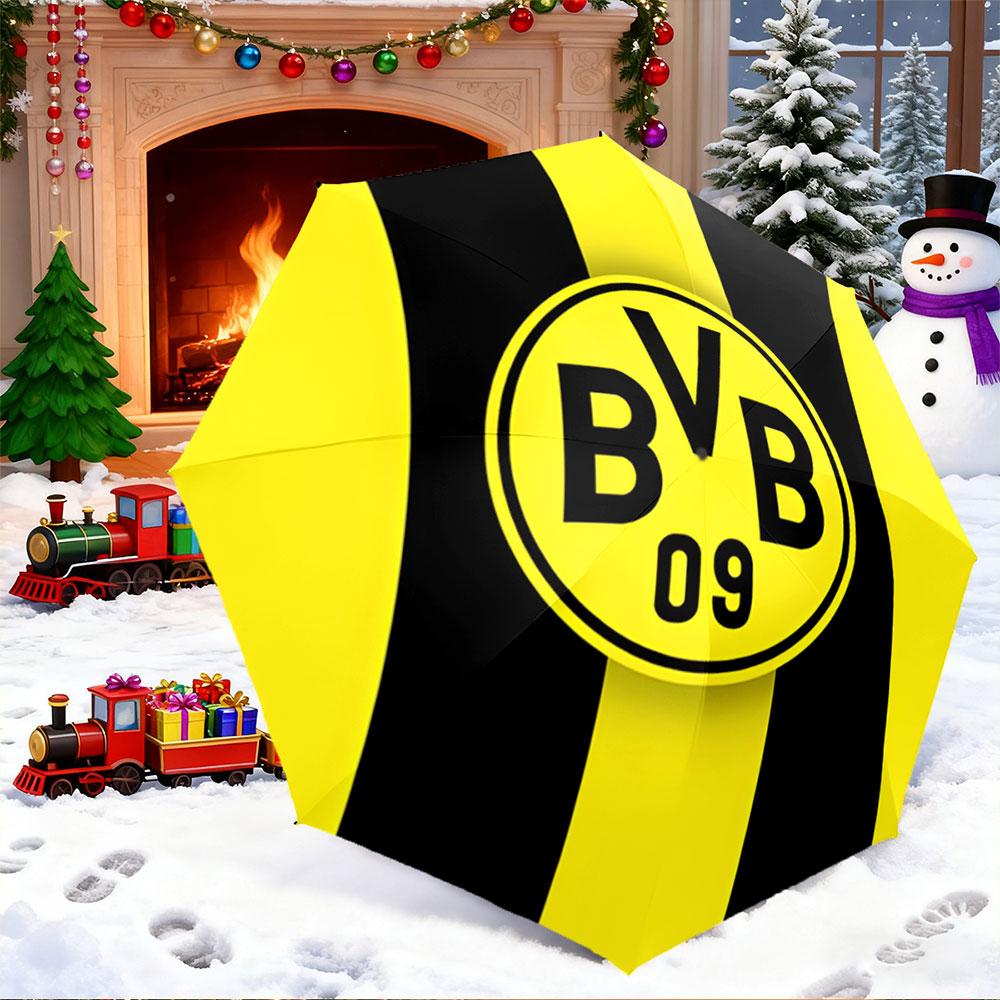Windproof Folding Umbrella with Borussia Dortmund BVB 09 Crest Print, Yellow Black Vertical Stripe Design, Soccer Gift