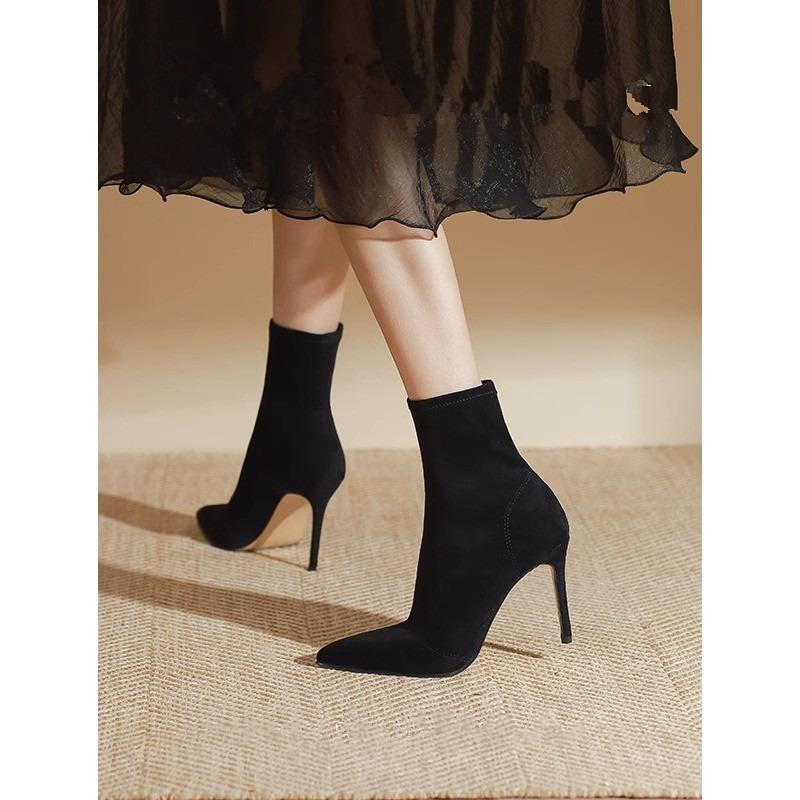 Fashion 2024 New Women High Heels Sock Ankle Boots Black Short Boots Lady Winter Pointed Toe Satin Sexy Shoes for Women Botas Mujer