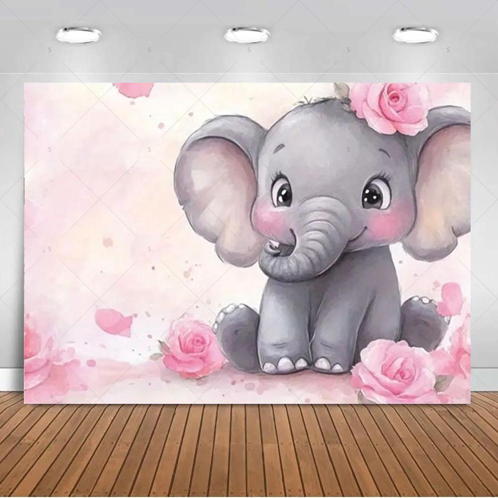 Cartoon Elephant Flower Photography Backdrop Kids Birthday Party Decor Background Baby Shower Supplies Newborn Photo Shoot Props