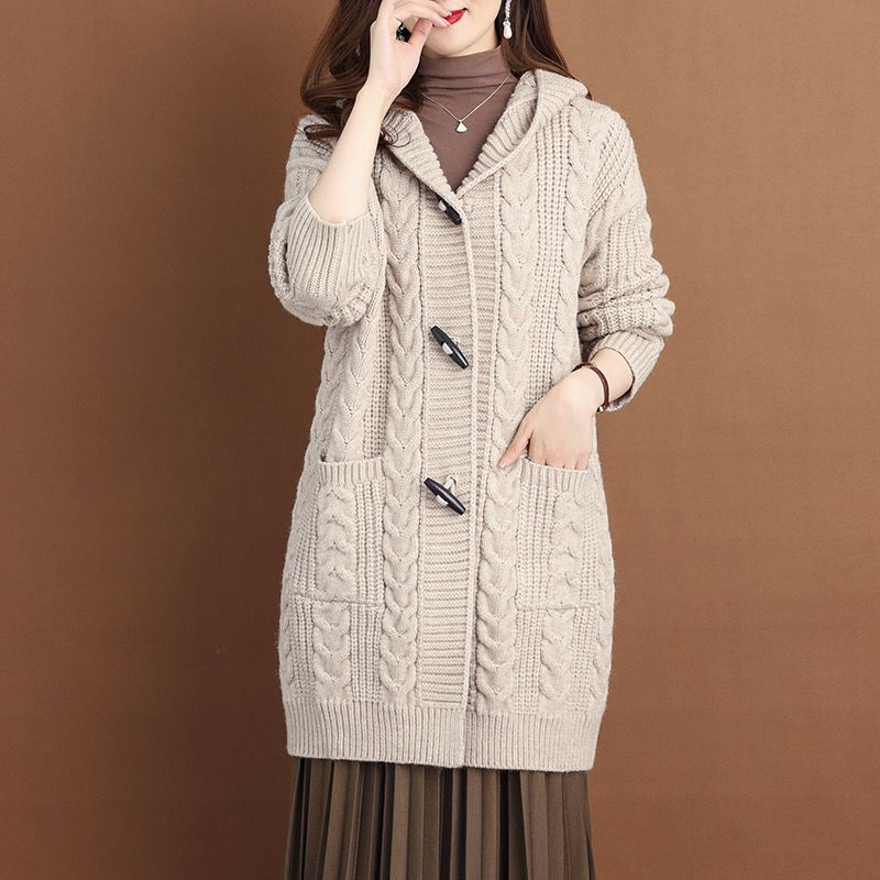 Свитер вязаный кардиган женский осенне-зимний с капюшоном модная универсальная верхняя одежда толстая теплая куртка средней длины