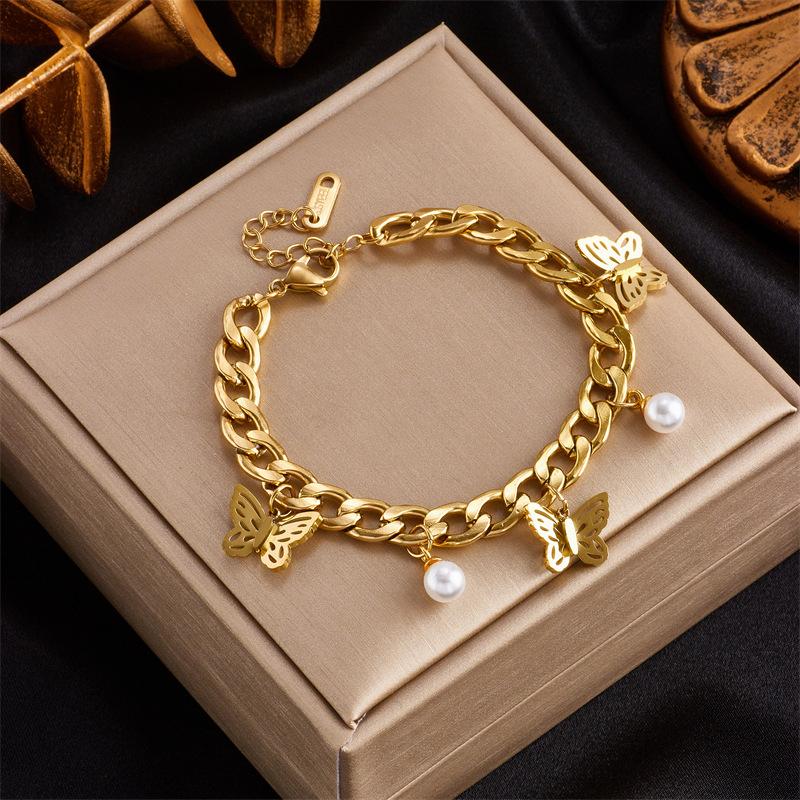 Stainless Steel Gold Plated Butterfly Pearl Cuban Link Bracelet Women Y2K Sweet & Edgy Hollow Butterfly Charm Jewelry Gift