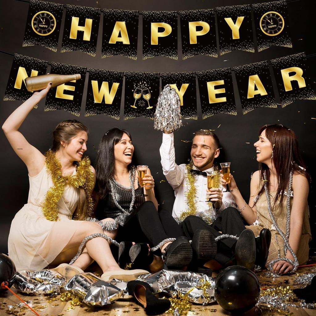 Happy New Years Eve Party Decorations, New Year Party Supplies - Black and Gold Banner (NYE B)