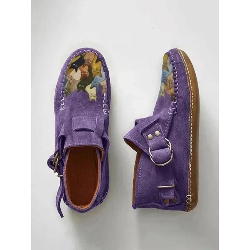 Ботинки Plover женские Comfort Cartoon Cat Printed Leather Button Casual Flat Ankle - 6 Purple