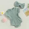 Детский комбинезон для девочек, однотонный ребристый комбинезон с короткими рукавами и бантом на голове, летние наряды