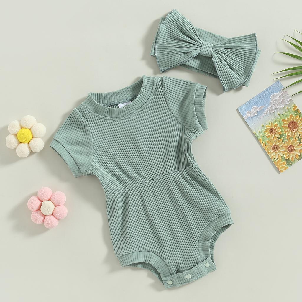 Детский комбинезон для девочек, однотонный ребристый комбинезон с короткими рукавами и бантом на голове, летние наряды