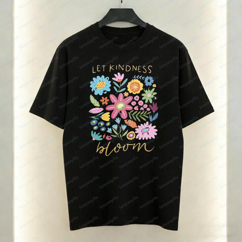 Let Kindness Bloom Art Aesthetic TShirt Colorful Wildflower Graphic Tops Fun Trendy Harajuku Casual Style Cotton Tee for Women