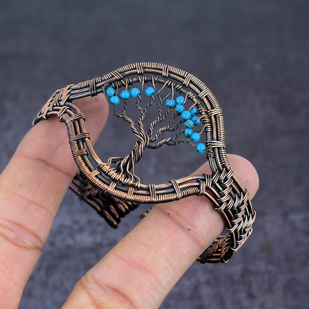 Arizona Turquoise Gemstone Handmade Copper Wire Wrap Cuff Bangle Adjustable u6R81