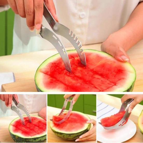 2 In 1 Watermelon Cutter Stainless Steel Effortless Fork Slicer Tool Dual Head Fruit Slicing Tool for Home Kitchen Gadget