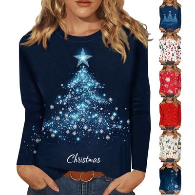 Женская мода, повседневная блузка с длинным рукавом и круглым вырезом, пуловер с принтом