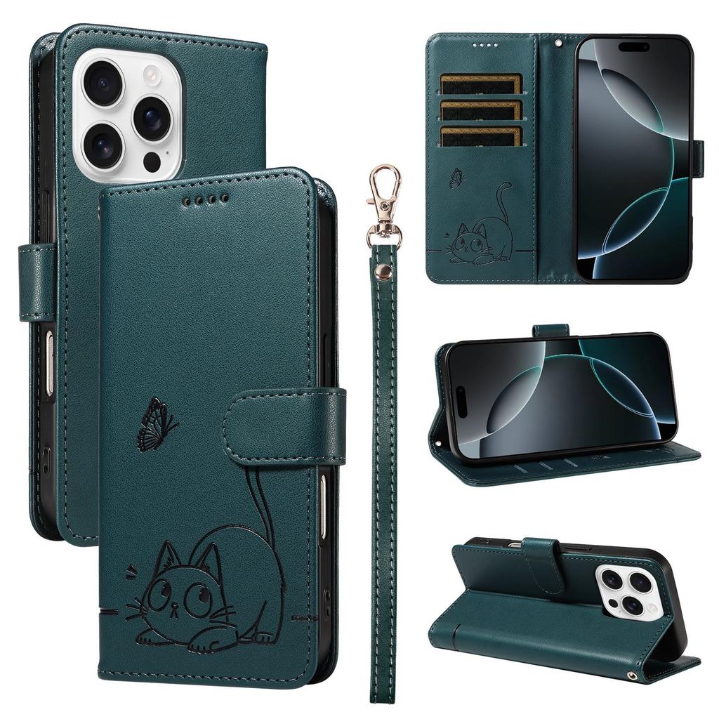 Leather Wallet Flip Case For OPPO Reno 15 Pro Max mini 15F 14 14F 13 13F 12 12F 11 11F 10 Cat and Butterfly Embossed,Wrist Strap