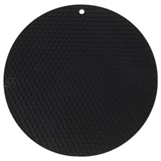 No-brand silicone pot mat heat-resistant anti-slip function black non-stick surface kitchen cooking utensil holder burn prevention table protection.