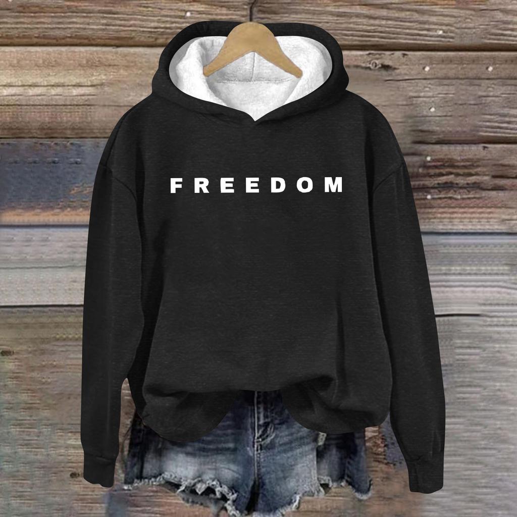 Women's Loose And Comfortable Round Neck Long Sleeved Hooded Sweatshirt With Printed Text