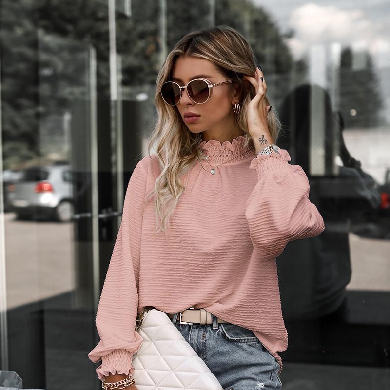Fashion Ruffles Long Sleeve High Collar Solid Color Women Office Casual Pullover Shirt Blouse Top