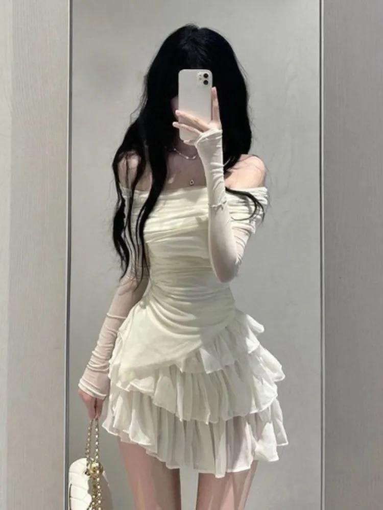 Комплект из двух предметов с разрезным вырезом, однотонная плиссированная тонкая женская футболка нестандартной формы + эстетическая мода Y2k, шикарные милые многослойные бальные юбки