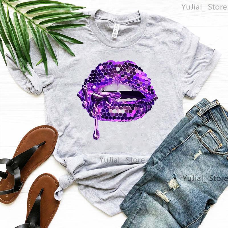 2024 Hot Sale Black T Shirt Unisex Pink Glitter Lips Graphic Print Tshirt Femme Luxurious Makeup Sexy Tshirt Haut Femme