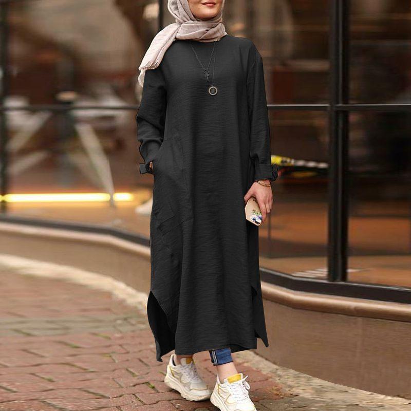 Womens Muslim Dress Islamic Clothing Long Sleeve Shirt Round Collar Solid Color Maxi Dresses Casual Pocket Musulman DubaiKaftan Robe Plus