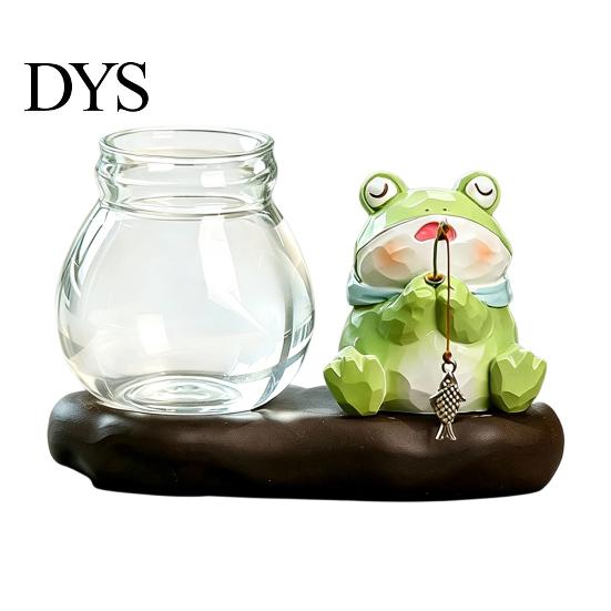 Modern Desktop Plant Holder Leisure Fishing Frog/Cat/Panda/Bear Statue Ornaments, Clear Mini Vases Miniature Cute Animal Ornaments Figurines
