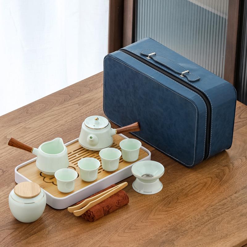 Suet jade shadow green travel tea set company bank business gift souvenir outdoor kung fu tea set