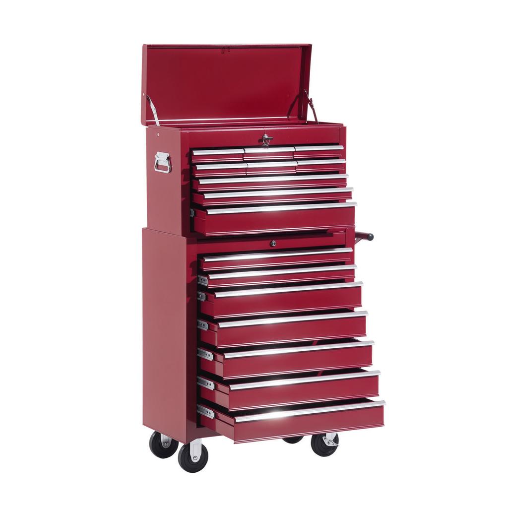 Workshop Trolley with Tool Box, Empty Lockable Tool Cart with Drawers, Tool Compartment, Keys and Non-Slip Mats, Red