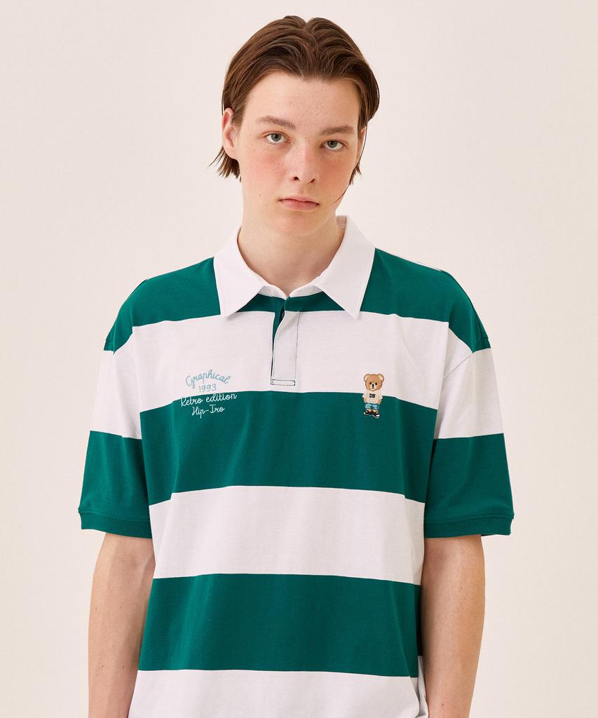 DISTN9NE Striped Retro Bear Collared Short Sleeve Tee Green (Lo2Tu342-045)