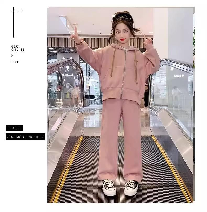 Осенний спортивный комплект для девочек: Худи и брюки широкого кроя, двухпредметный комплект