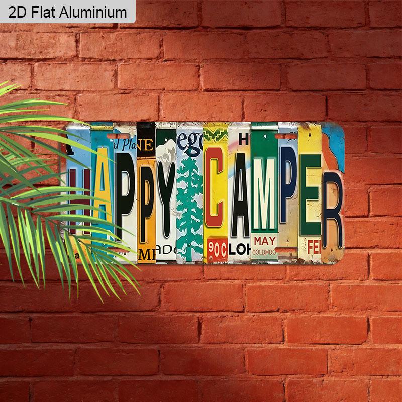 2D Flat, 1pc "HAPPY CAMPER" License Plate Style Aluminum Sign, 12''x6'' Colorful Retro Wall Decor, Perfect for Camper, Cabin & Outdoor Themed