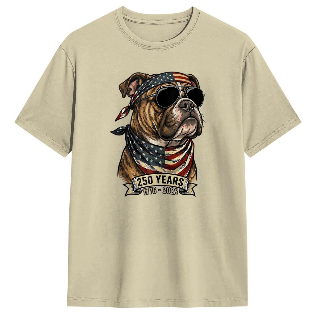 Bulldog Patriot 250 Years 17762026 American Flag Cotton TShirt Men Beach TShirts O Neck Tee Shirt Oversized Print Clothing