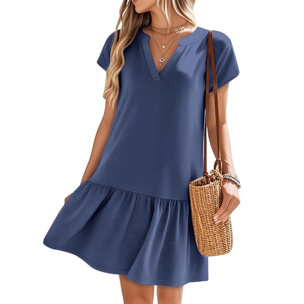 Women's Dresses Short Sleeve V-Neck Solid Color Loose Casual Temperament Beach Dresses