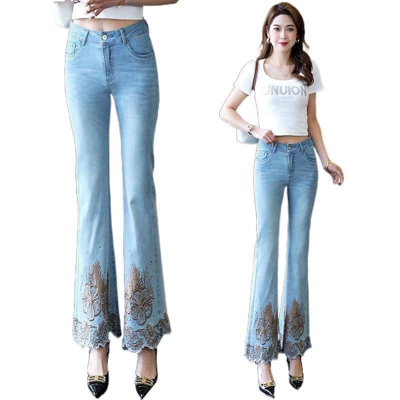 Niche design butterfly embroidery micro-pull jeans women's new high waist and thin retro drape slim nine-point horn