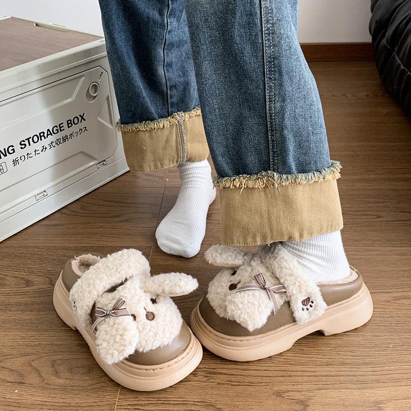 Fashion Cute Short Plush Cartoon Puppy Indoor Slippers Women Winter Warm Faux Fur Cotton Slides Comfort Thick Bottom Bedroom Slippers